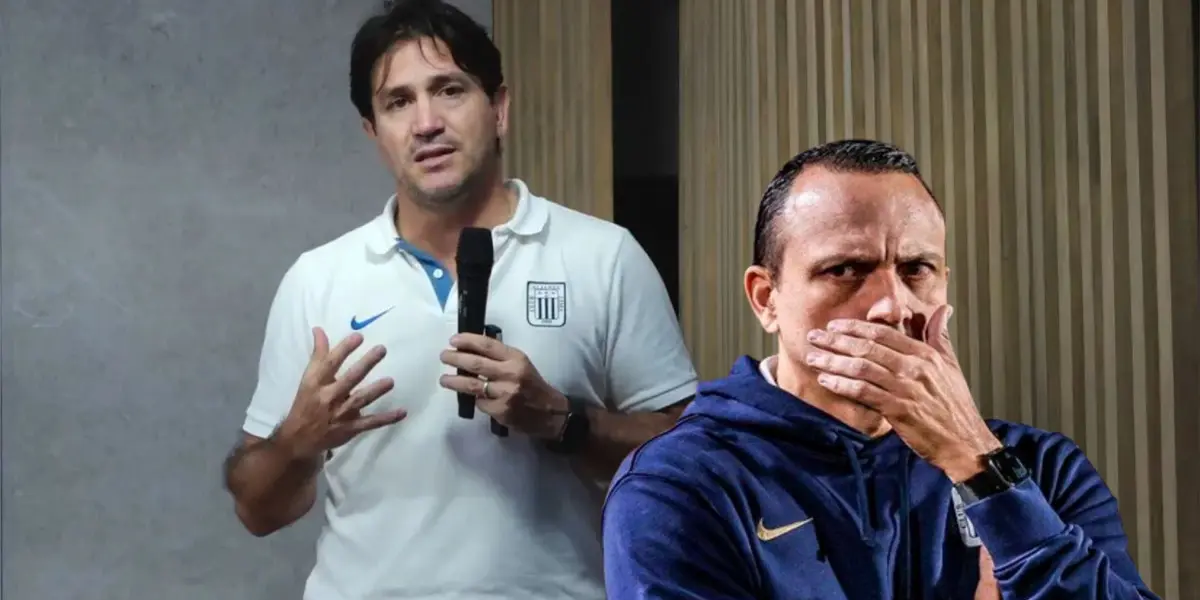 Bruno Marioni en conferencia de prensa y Alejandro Restrepo tapándose la boca