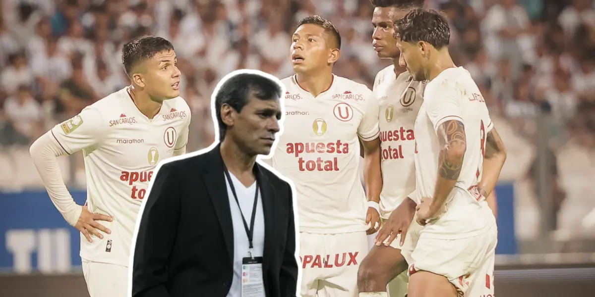 Fabián Bustos con las manos en el bolsillo y jugadores de Universitario discutiendo (Foto: Universitario)