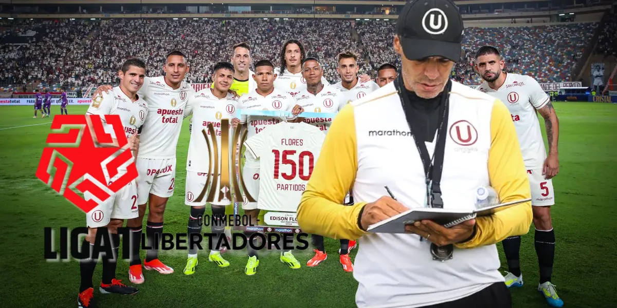 Fabián Bustos y detrás los jugadores de Universitario de Deportes