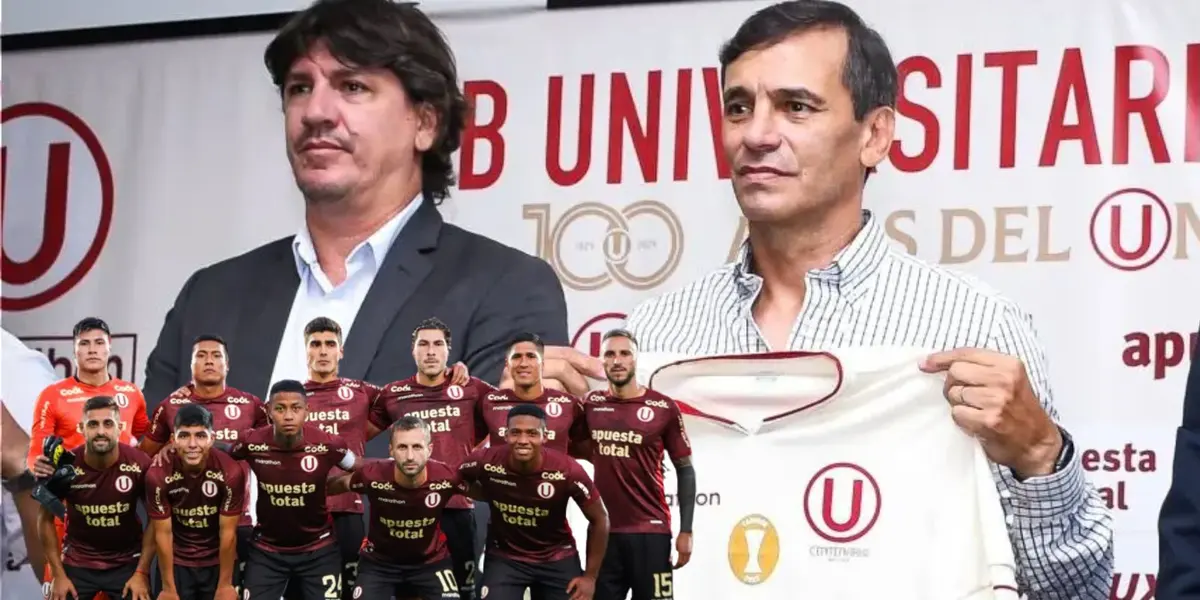 Jean Ferrari y Fabián Bustos con el plantel de Universitario.