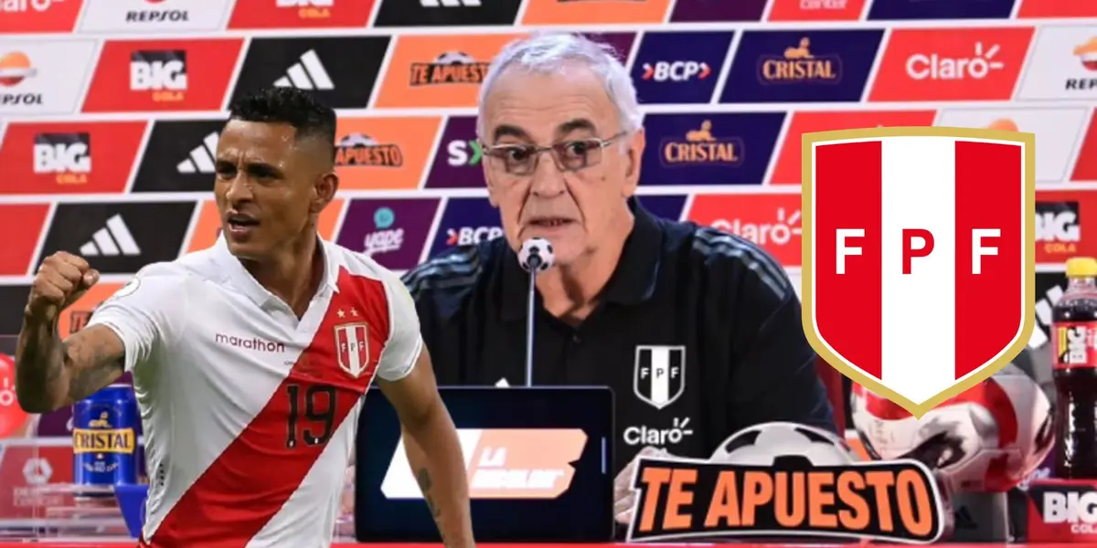 Jorge Fossati en conferencia de prensa y delante Yoshimar Yotún con el puño cerrado