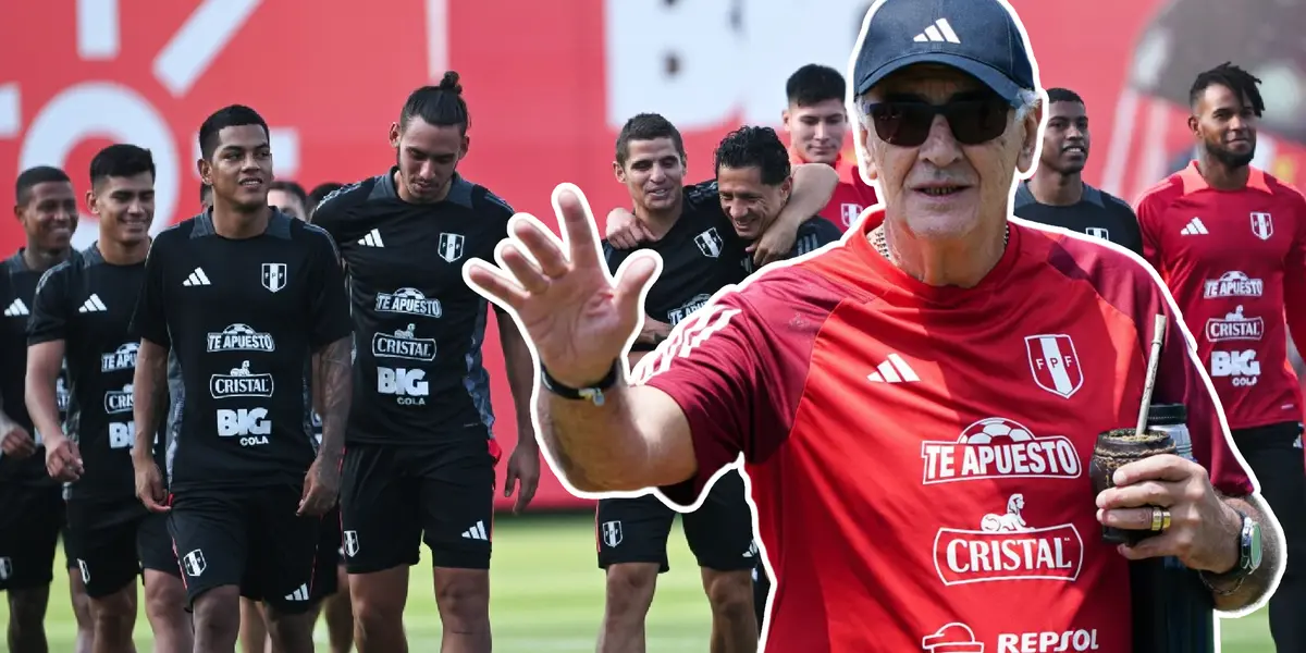 Jorge Fossati levantando la mano y los jugadores en entrenamiento (Foto: FPF)