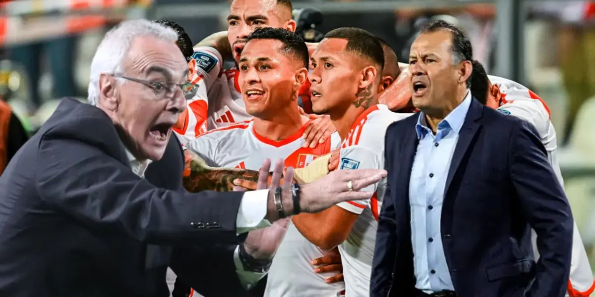 Jorge Fossati y Juan Reynoso, detrás los jugadores de la Selección Peruana