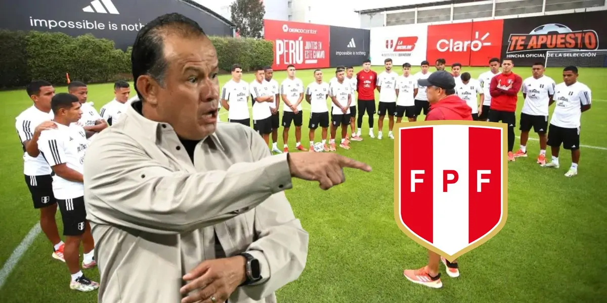 Juan Reynoso señalando y detrás reunión de los seleccionados en Videna