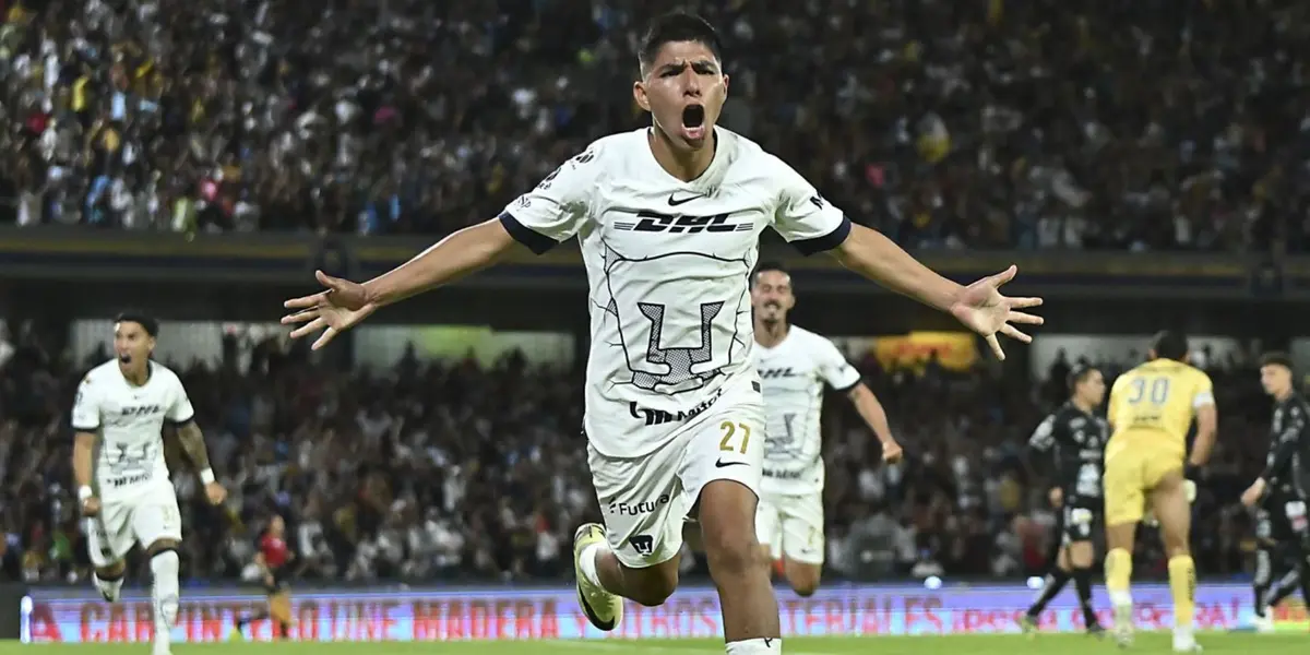 Piero Quispe celebrando su primer gol en Pumas UNAM. (Foto: Difusión)